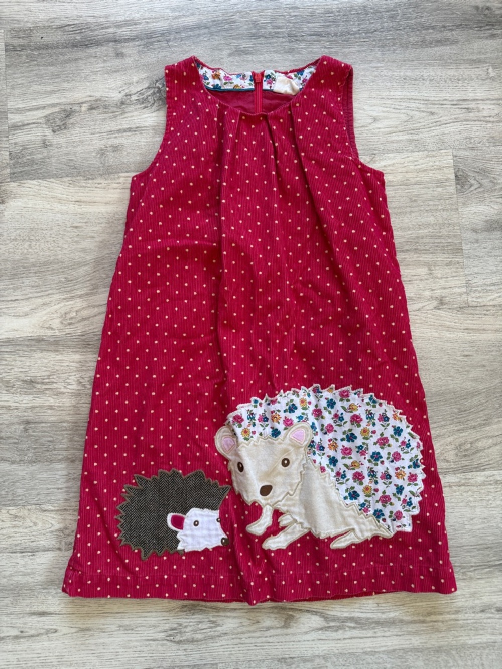 Mini Boden Red Corduroy Dress with hedgehog appliqué